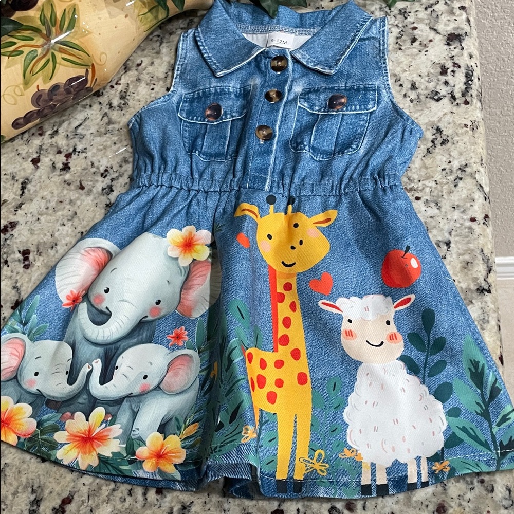New Denim Animal Print Dress Baby girl SZ 9-12M new in original bag 3 buttons